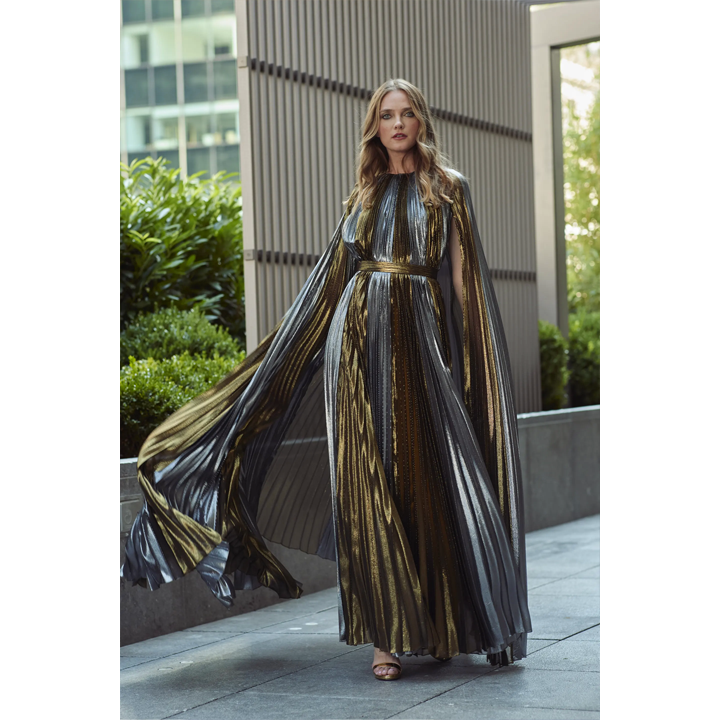 Model Wearing SemSem Metallic Plissé Cape Back Gown.