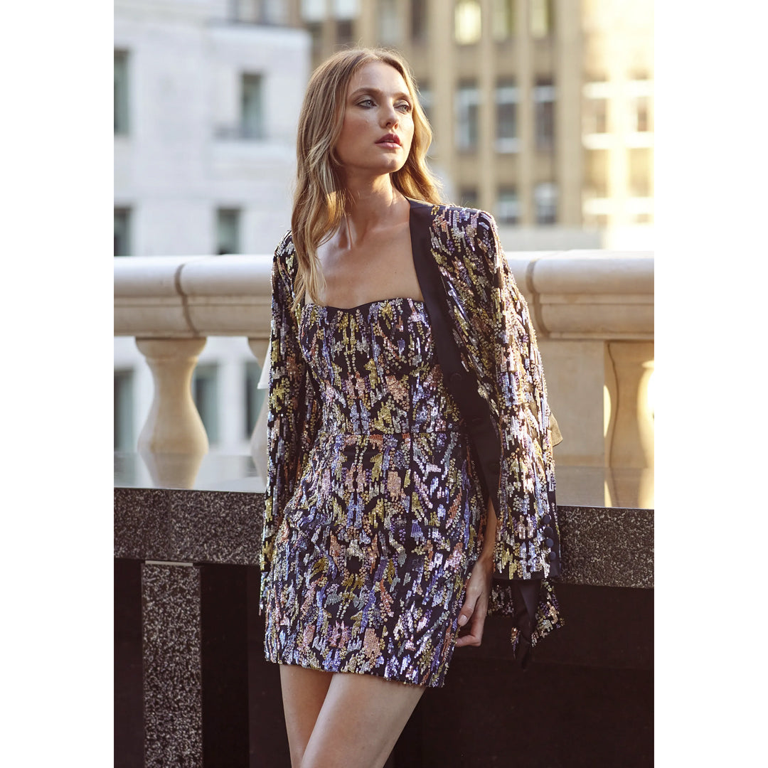 Model Wearing SemSem Multicolor Sequin & Crystal Mini Dress.