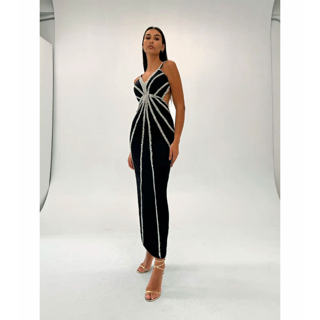 Model Wearing SemSem Navy Cut Out Crystal Dress.