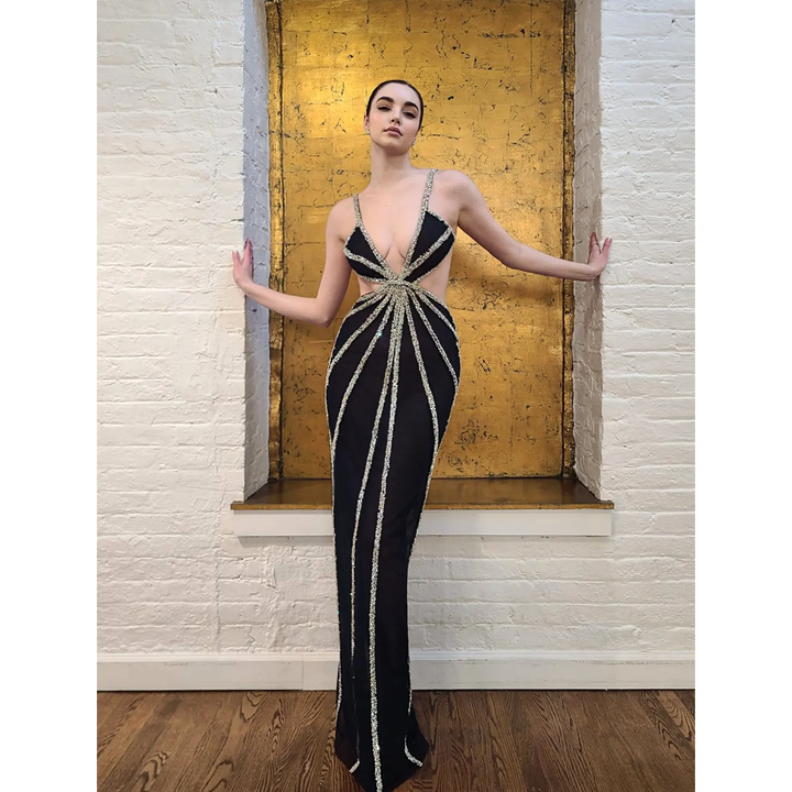 Model Wearing SemSem Navy Cut Out Crystal Dress.
