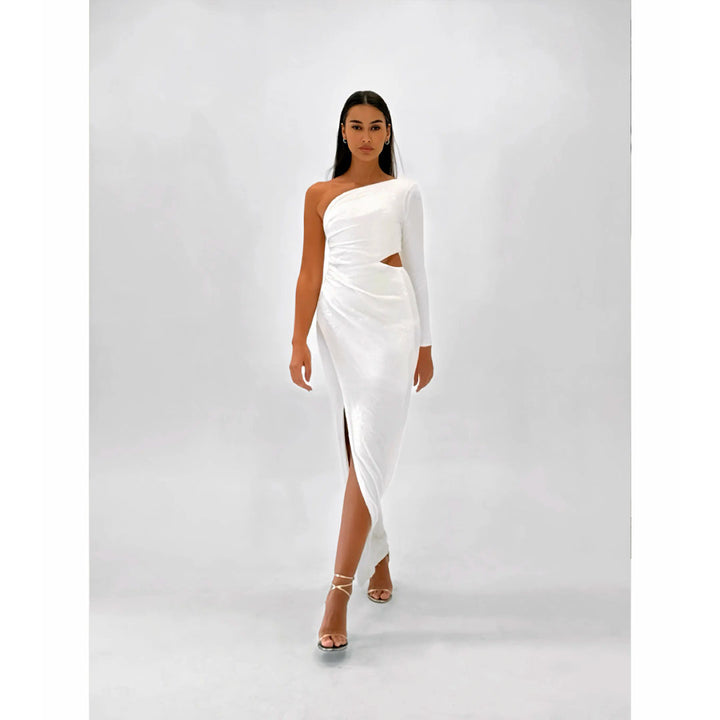 Model Wearing SemSem One-Shoulder Cutout Sequined Knitted Gown.