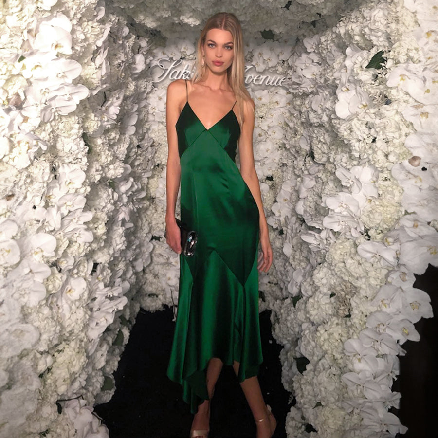 Model Wearing SemSem Palm Beach Silk Slip Dress.