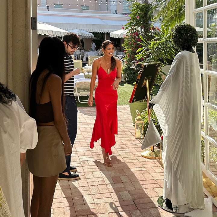 Model Wearing SemSem Palm Beach Silk Slip Dress.