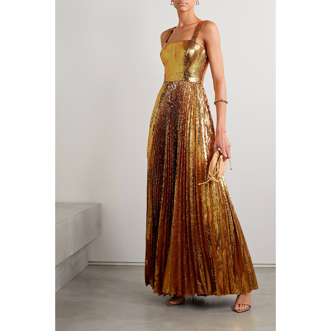 Model Wearing SemSem Pleated Gold Sequin Tulle Gown.