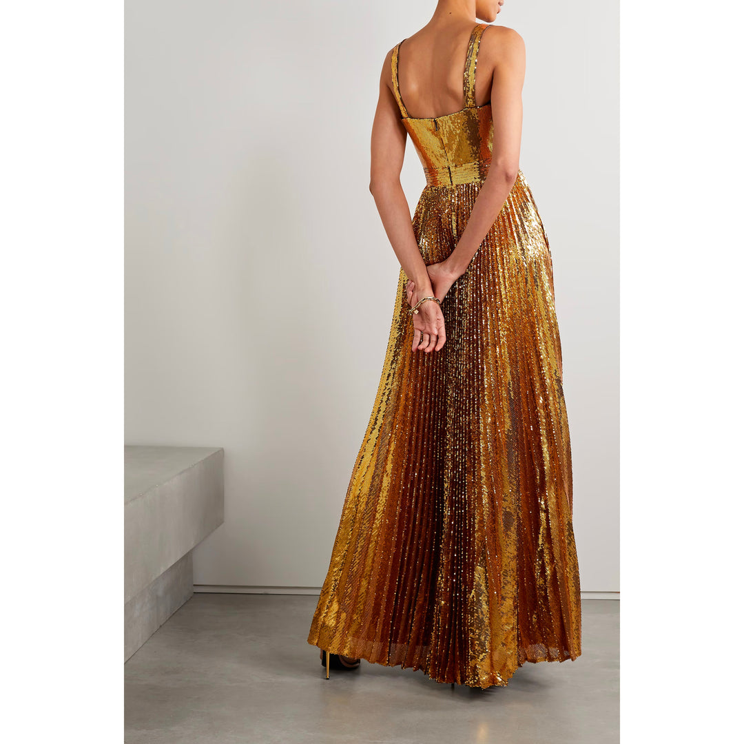 Model Wearing SemSem Pleated Gold Sequin Tulle Gown.