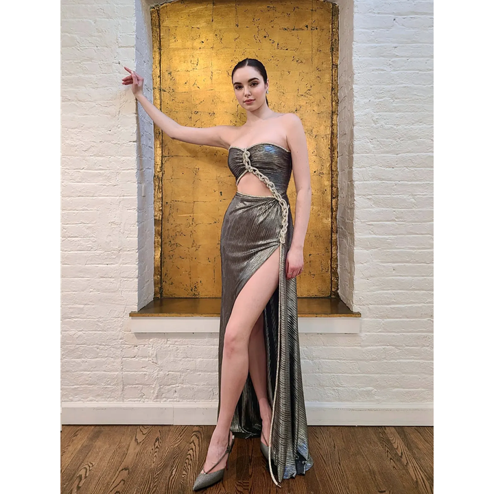 Model Wearing SemSem Silver Plissé Dress with Crystal Rope.