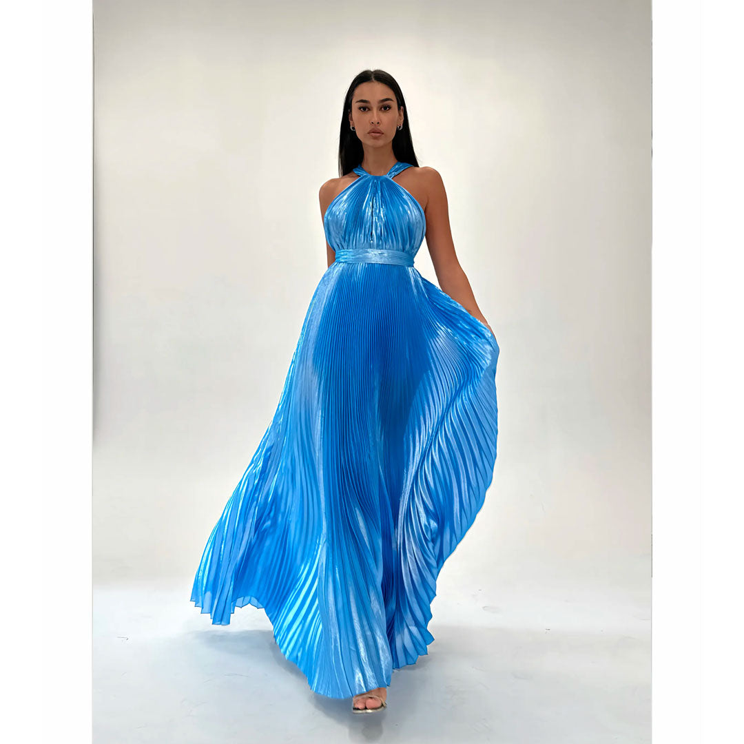 Model Wearing SemSem Sky Blue Metallic Halter Gown.
