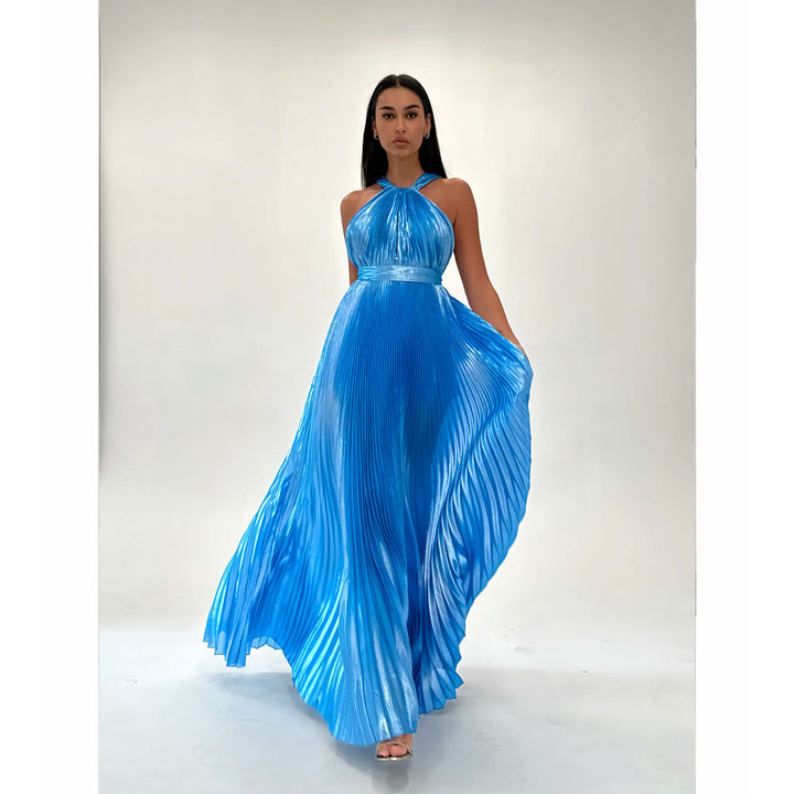 Model Wearing SemSem Sky Blue Metallic Halter Gown.