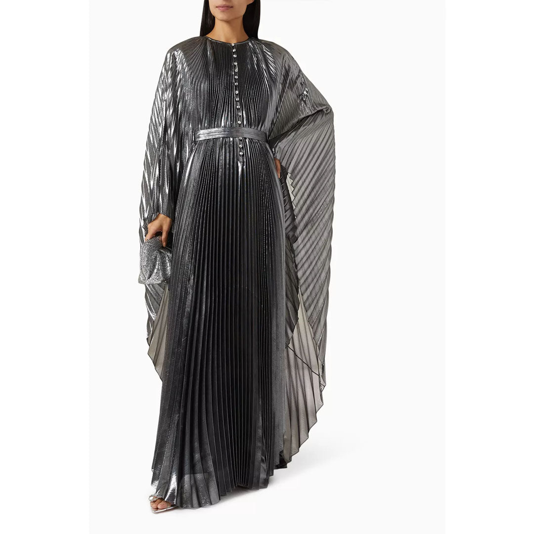 Model Wearing SemSem Swarovski Crystal-Embellished Plissé-Lamé Gown.
