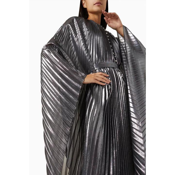 Model Wearing SemSem Swarovski Crystal-Embellished Plissé-Lamé Gown.