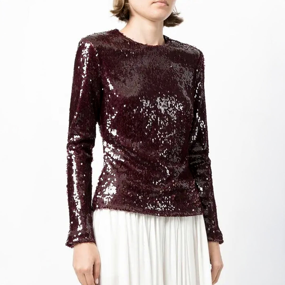 Model Wears SemSem Burgundy Sequin Top.