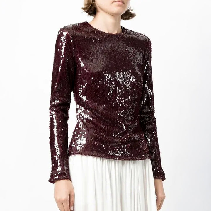 Model Wears SemSem Burgundy Sequin Top.