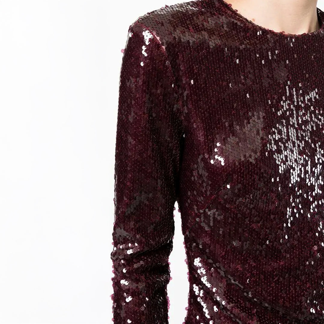 Model Wears SemSem Burgundy Sequin Top.