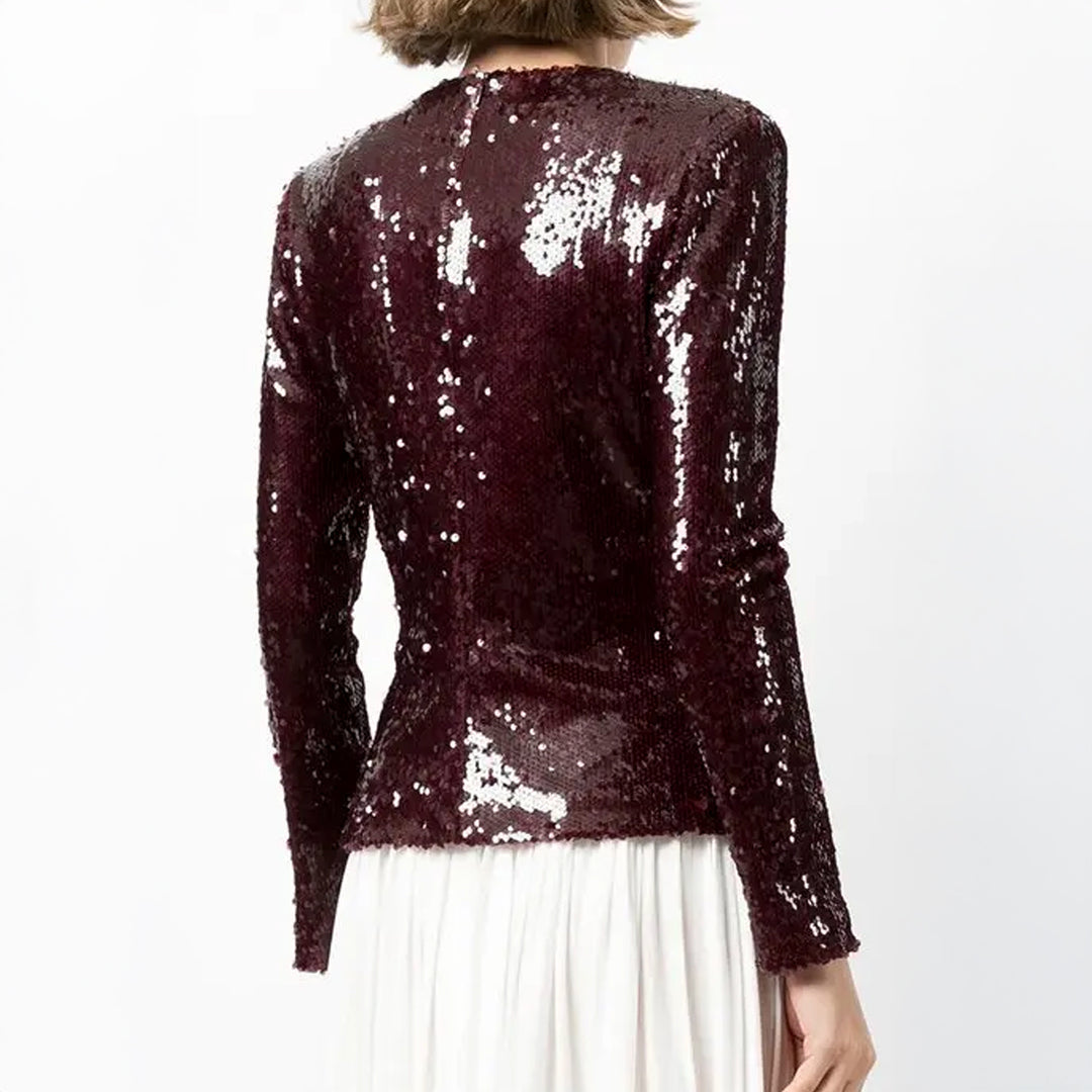 Model Wears SemSem Burgundy Sequin Top.
