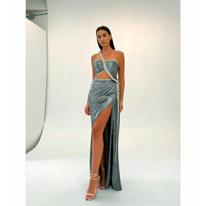 Model Wearing SemSem Silver Plissé Dress with Crystal Rope.