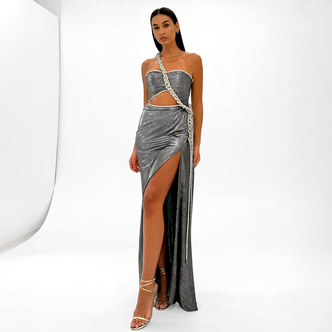 Silver Plissé Dress with Crystal Rope