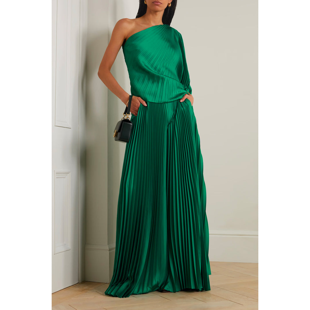 Model wears SemSem One-shoulder asymmetric plissé-satin top.