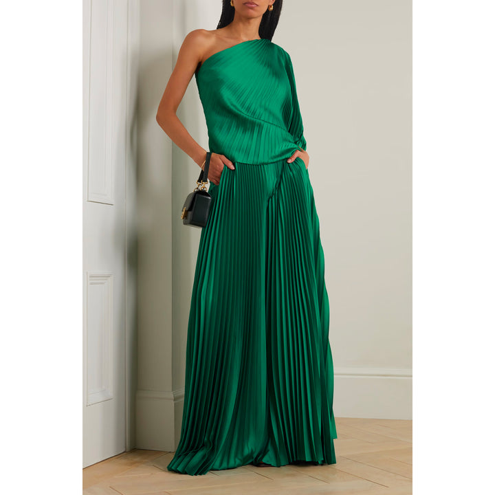 Model wears SemSem One-shoulder asymmetric plissé-satin top.
