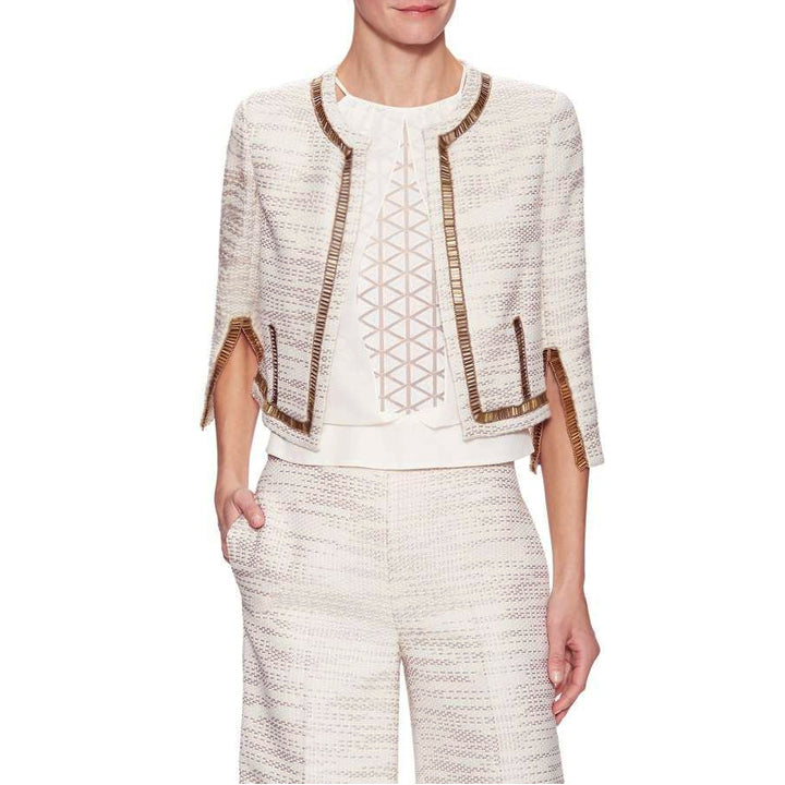 Model wears SemSem Samia Embroidered Crop Jacket - Gold.