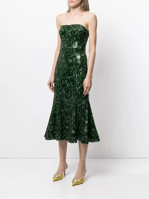 Model wears SemSem Strapless Sequin Tulled Mini Dress.