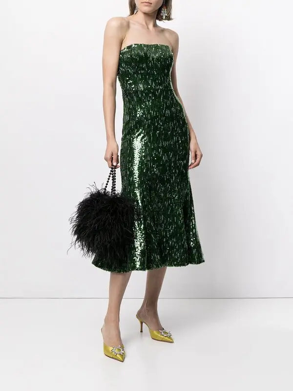 Model wears SemSem Strapless Sequin Tulled Mini Dress.