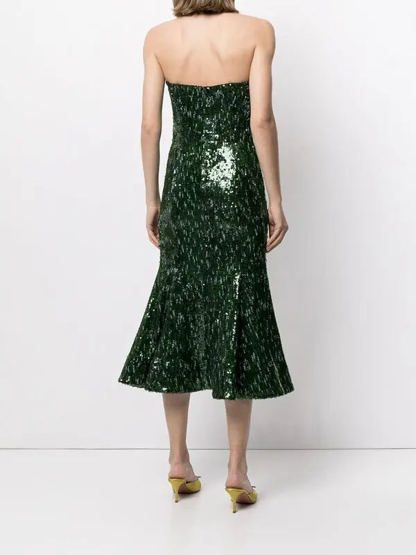 Model wears SemSem Strapless Sequin Tulled Mini Dress.