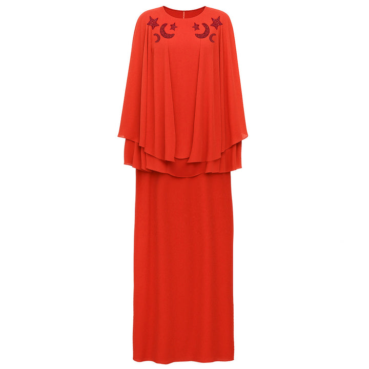 Red Star & Moon Embellished Kaftan Dress