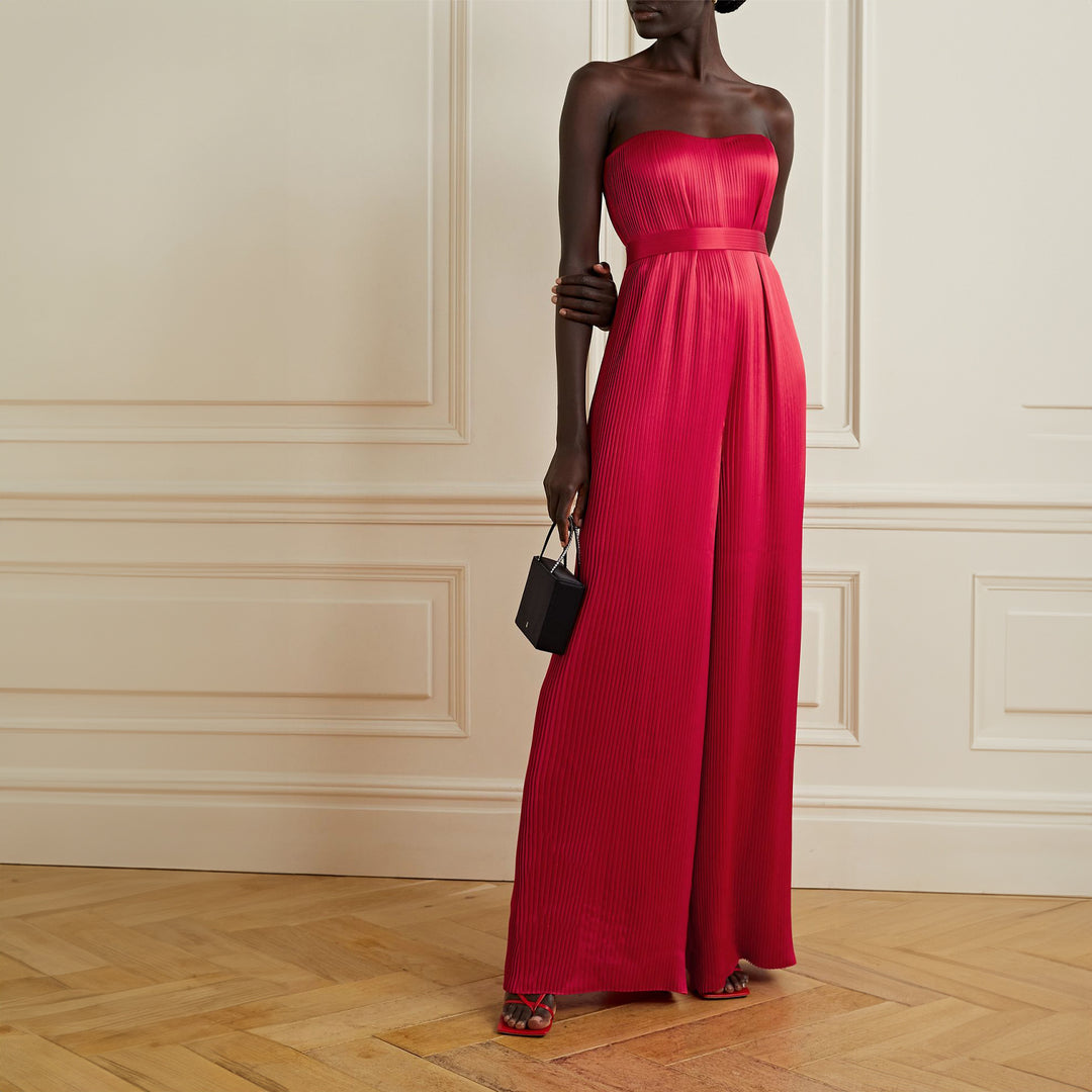 Strapless Belted Plissé Silk-Satin Jumpsuit