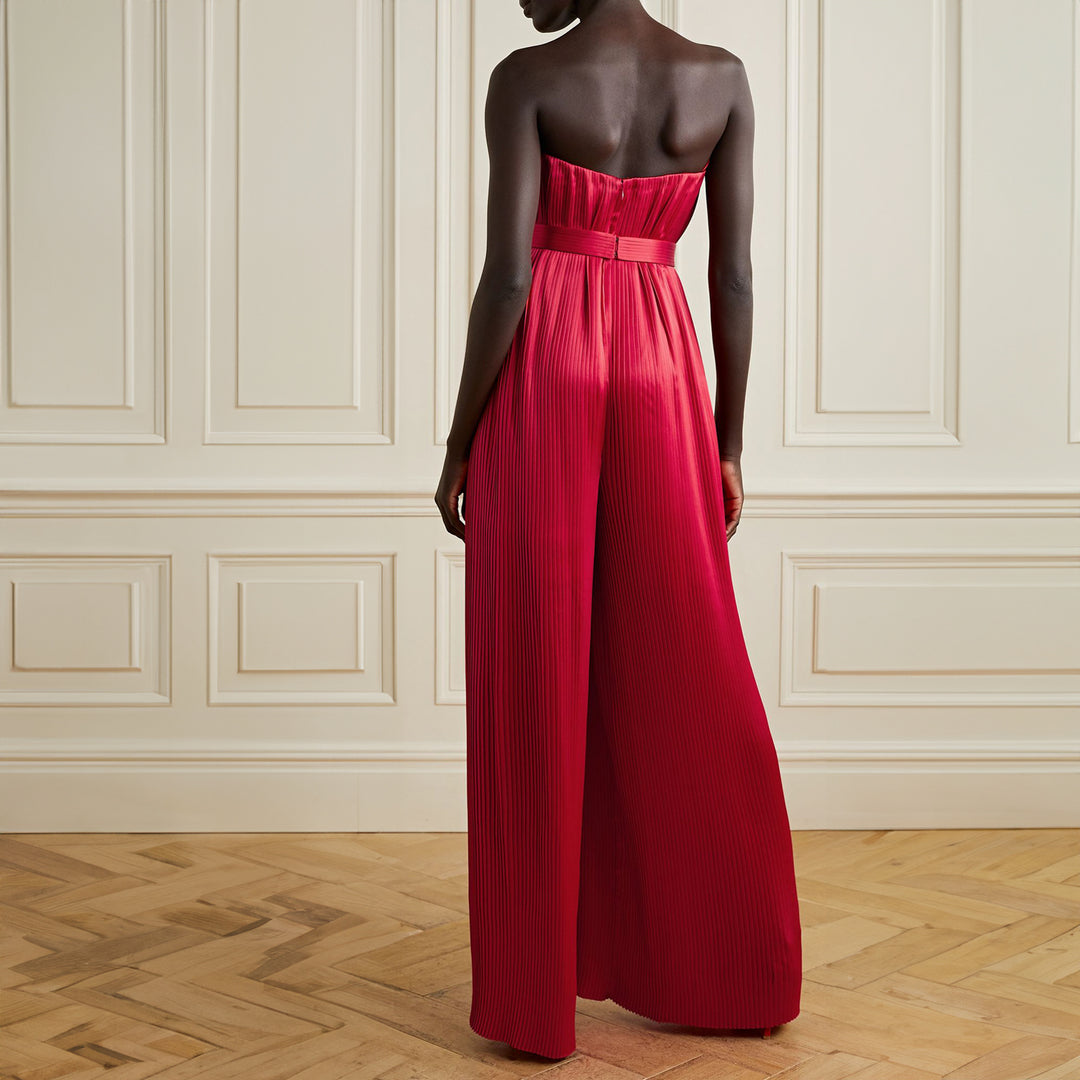 Strapless Belted Plissé Silk-Satin Jumpsuit
