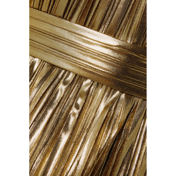 Gold Belted Draped Pleated Lamé Gown