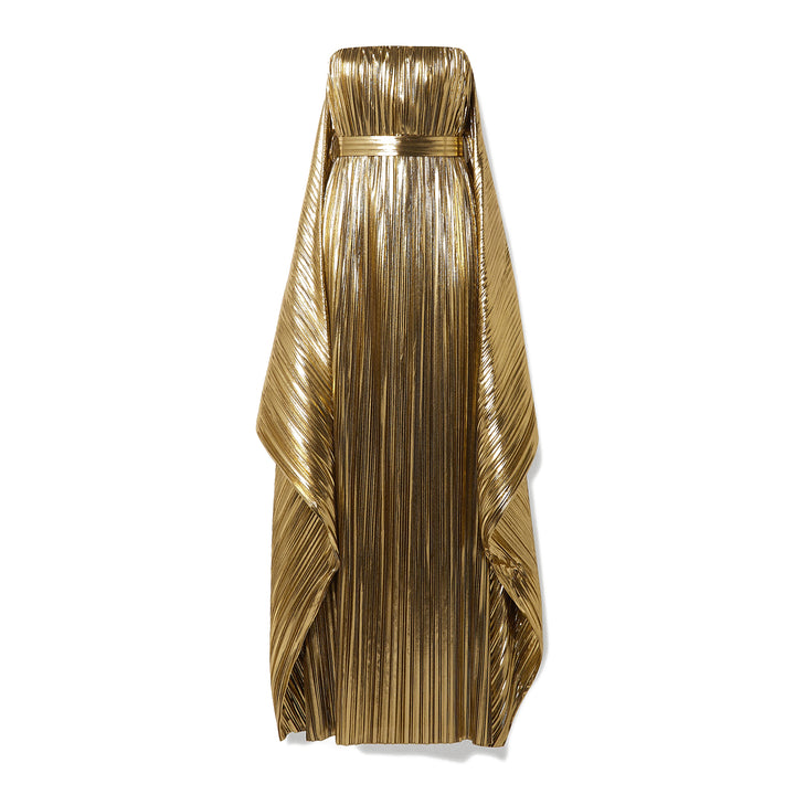 Gold Belted Draped Pleated Lamé Gown