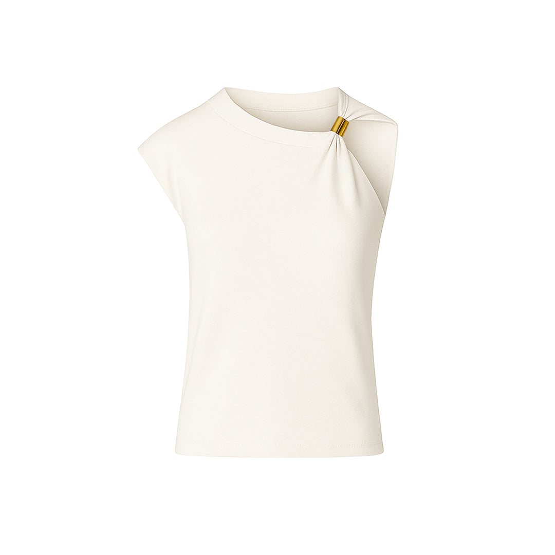 Ivory Silk Blend Jersey Top with Gold Hardware