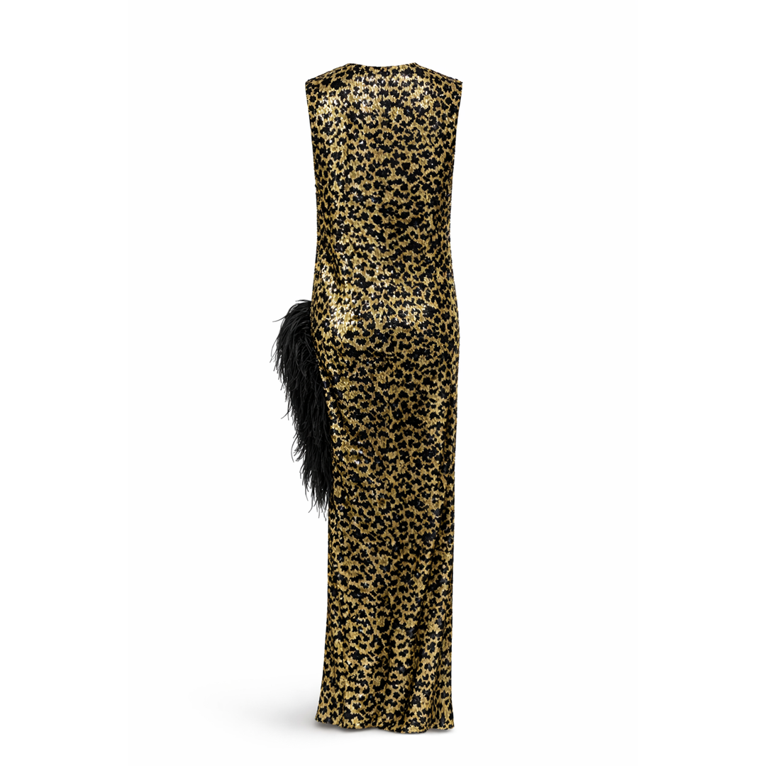 Leopard Sequin Dress with Feather Detail