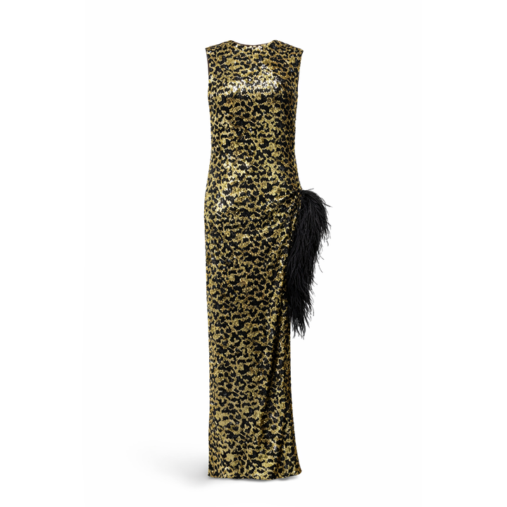 Leopard Sequin Dress with Feather Detail