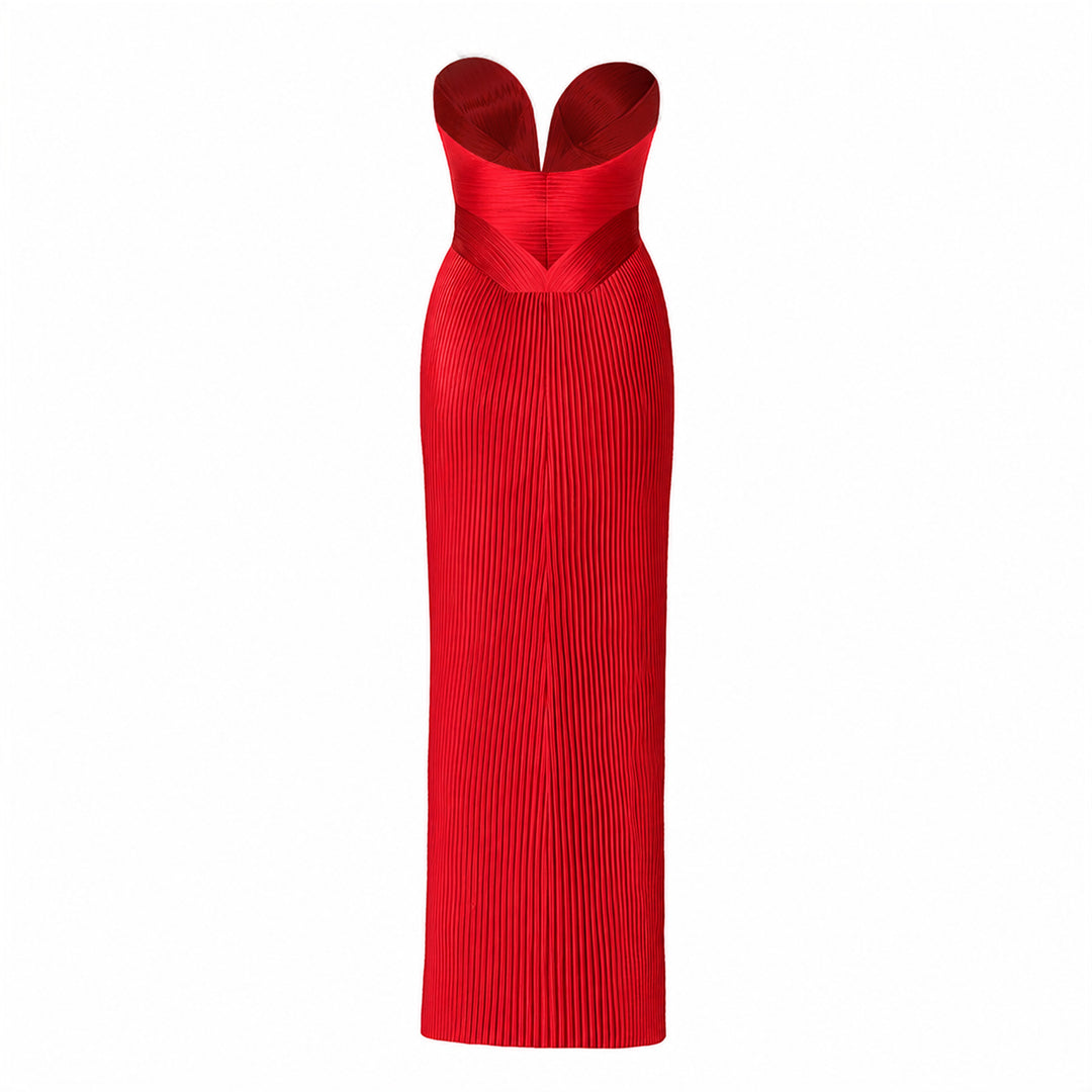 Engineered Plissé Bustier Maxi Dress- Red