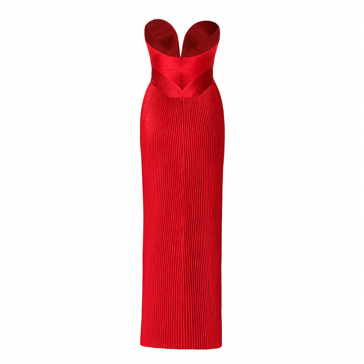 Engineered Plissé Bustier Maxi Dress- Red