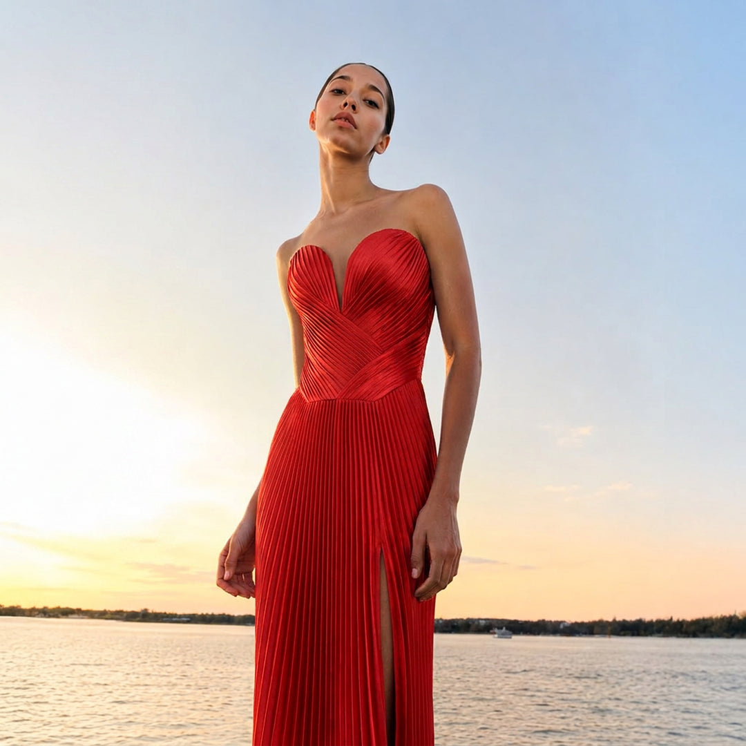 Engineered Plissé Bustier Maxi Dress- Red