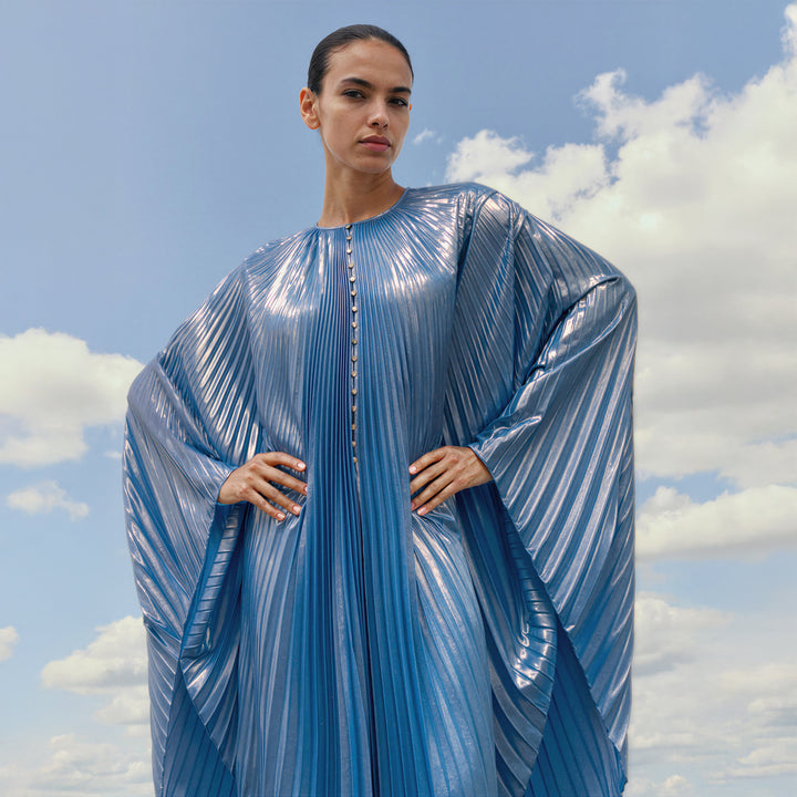 Swarovski Crystal-Embellished Sky Blue Plissé-Lamé Gown