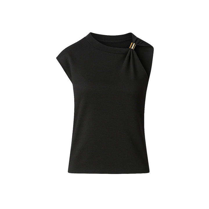 Black Silk Blend Jersey Top with Gold Hardware