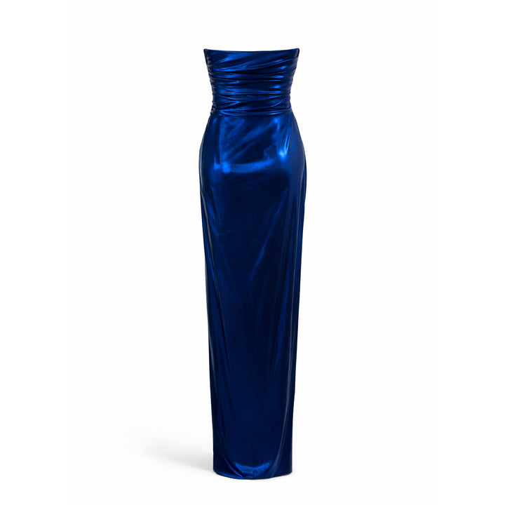 Plissé Lamé Strapless Maxi Dress