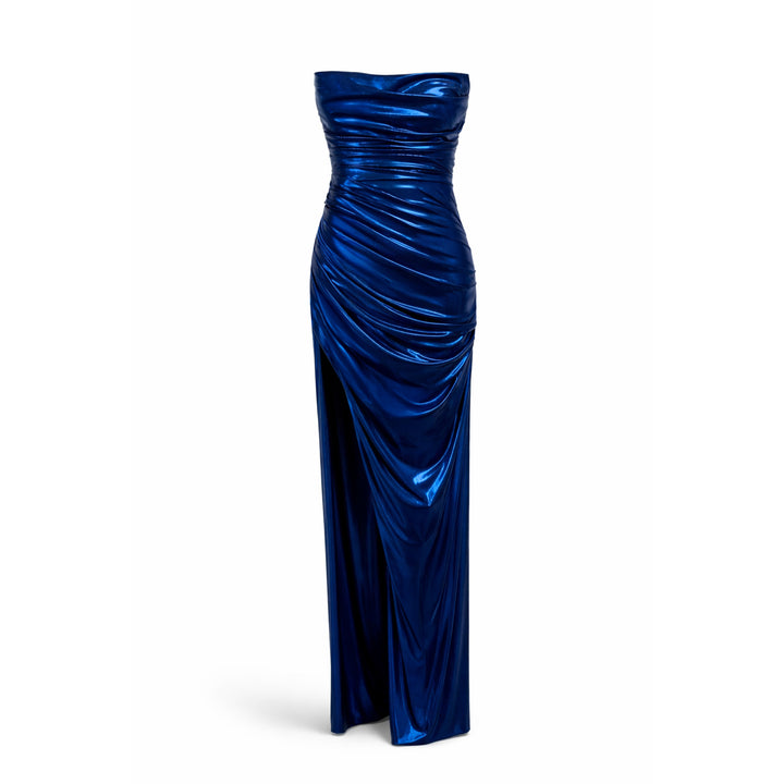 Plissé Lamé Strapless Maxi Dress