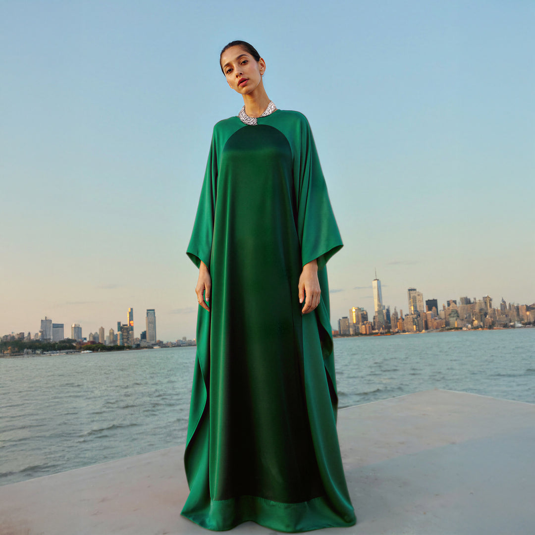 Embellished Color-Blocked Silk Kaftan Dress