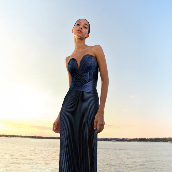 Engineered Plissé Bustier Maxi Dress