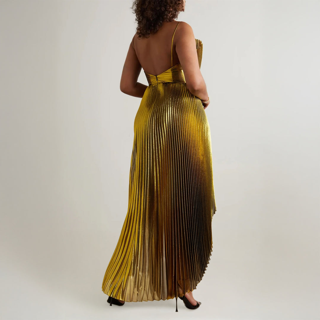 lame silk dress DRAPED SILK-BLEND PLISS-LAM GOWN IN GOLD | CULT MIA