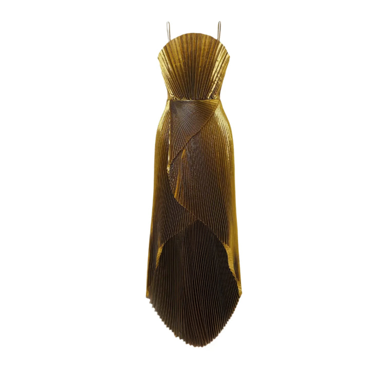 Draped silk-blend plissé-lamé gown