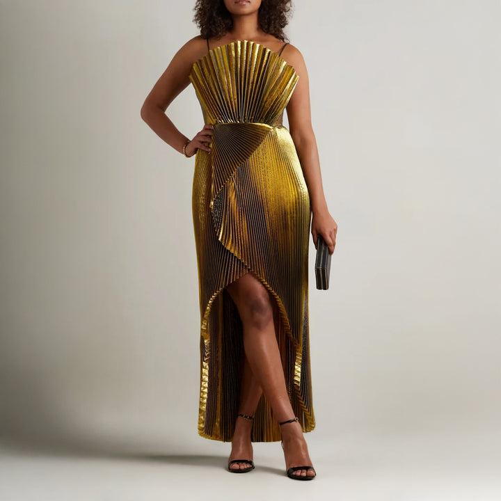 Draped silk-blend plissé-lamé gown