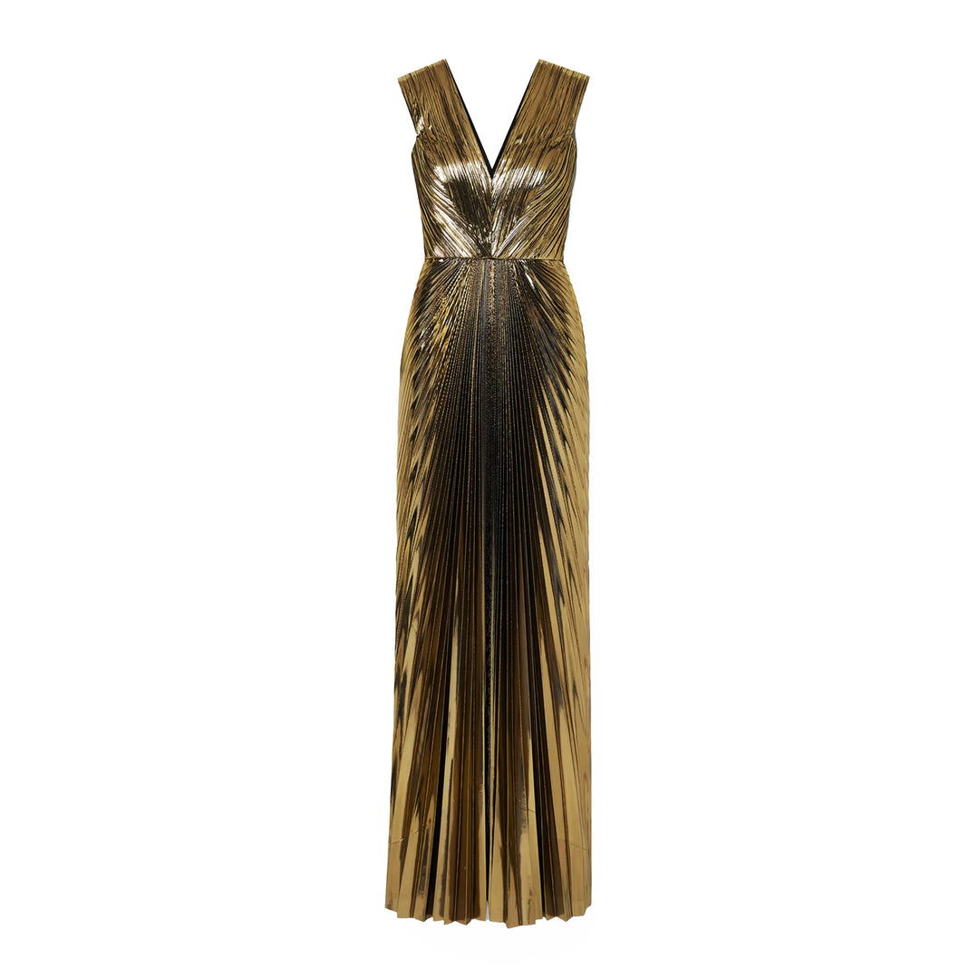 Gold Pleated Metallic Lam Gown, US 8 Gold Pleated Metallic Lam Gown, US 8