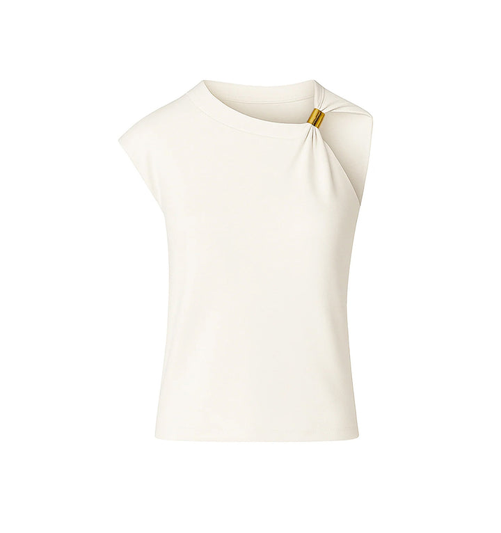 Ivory Silk Blend Jersey Top with Gold Hardware