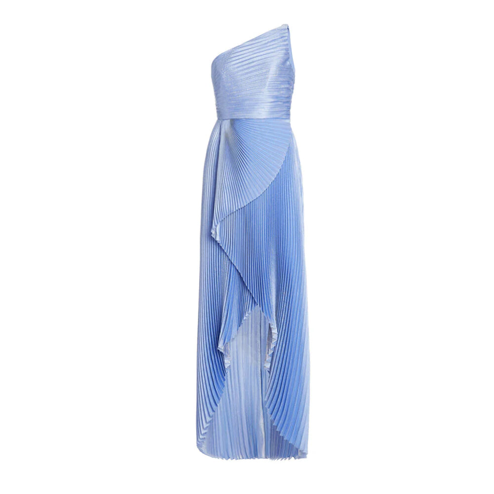 blue silk one shoulder dress One-Shoulder Metallic Plissé Gown, US 2 Couple Dress Combo Rayon ribbon tie Floor length Size:9-10 Years (150cm)