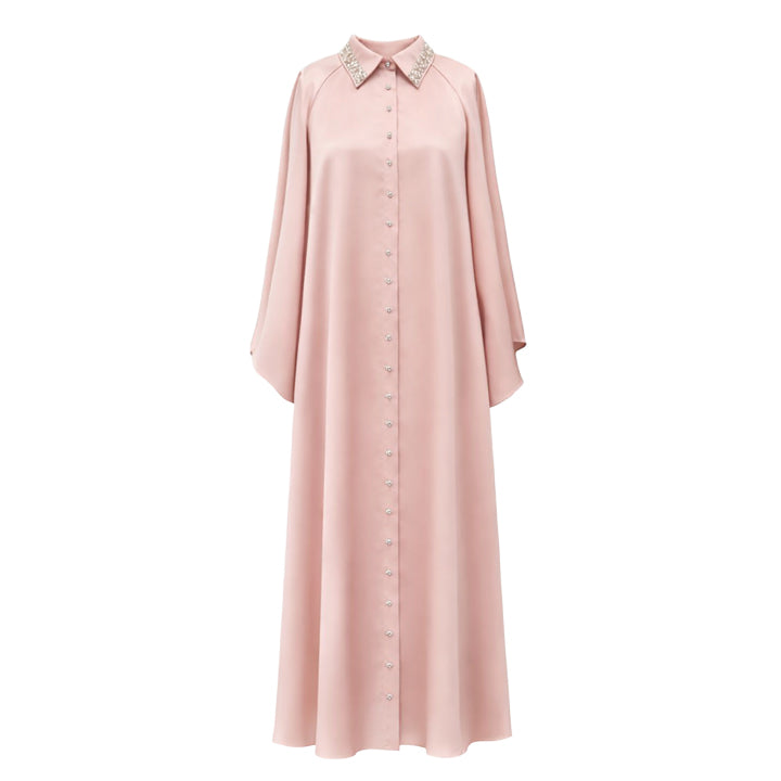 Kaftan Shirt Dress with Crystal Buttons - Misty Rose